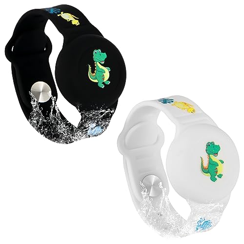 SAVITA 2uds Pulsera Niños para AirTag, Patrón de Dibujos Animados de Dinosaurios Pulsera GPS Niños de Airtag Pulsera de Airtag Silicona Funda para Ocultar el Rastreador GPS (Negro, Blanco)