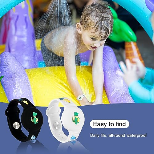 SAVITA 2uds Pulsera Niños para AirTag, Patrón de Dibujos Animados de Dinosaurios Pulsera GPS Niños de Airtag Pulsera de Airtag Silicona Funda para Ocultar el Rastreador GPS (Negro, Blanco)