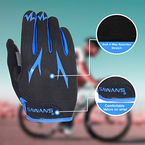 SAWANS Guantes de Ciclismo de Dedo Completo para Bicicleta de montaña, Acolchados, Transpirables, para Pantalla táctil, MTB, Ciclismo de Carretera, para Hombres y Mujeres (Azul, S)