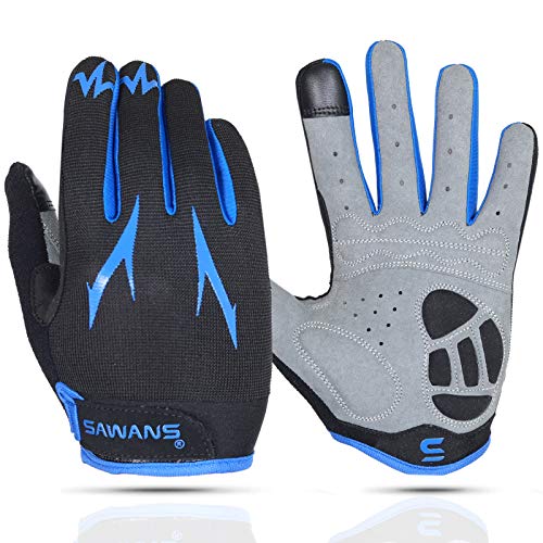 SAWANS Guantes de Ciclismo de Dedo Completo para Bicicleta de montaña, Acolchados, Transpirables, para Pantalla táctil, MTB, Ciclismo de Carretera, para Hombres y Mujeres (Azul, S)