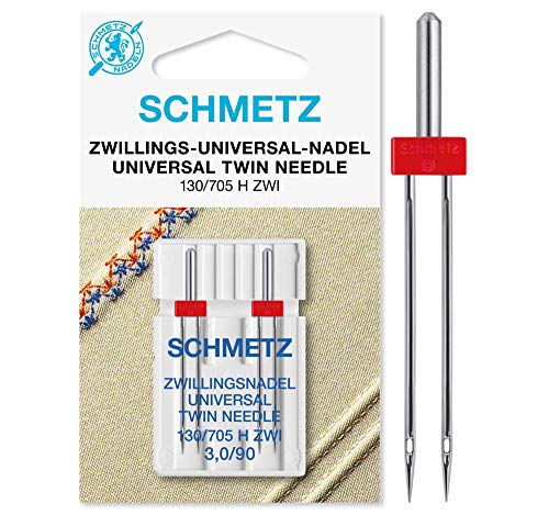 SCHMETZ - Aguja para máquina de coser | 2 Aguja Gemela Universal 3,0/90 | 130/705 H ZWI NE 3,0 | Para pespuntes decorativos y nervuras