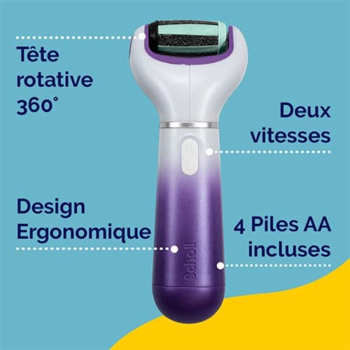 Scholl Velvet Smooth, Lima Eléctrica de Pies y Piernas Secas, Exfoliante y Alisador 2 en 1, Lima de Color Morado con Cabezal Exfoliante