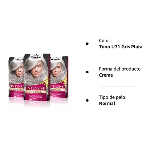 Schwarzkopf Palette Intensive, Tinte U71 cabello Gris Plata, Coloración Permanente de Cuidado con Aceite de Marula, Color duradero hasta 8 semanas (Pack de 3)