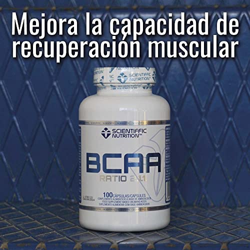 Scientiffic Nutrition - BCAA, Aminoácidos Esenciales Ramificados en Polvo en Proporción 2:1:1, Mejora la Recuperación Muscular y el Aumento de Masa Muscular - 100 Cápsulas.