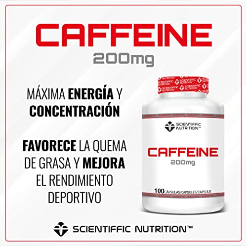 Scientiffic Nutrition - Caffeine, Pre Workout, Potente Quemagrasas de Cafeína 200mg, Estimula el Sistema Nervioso, Ayuda al Estudio y la Concentración - 100 Cápsulas