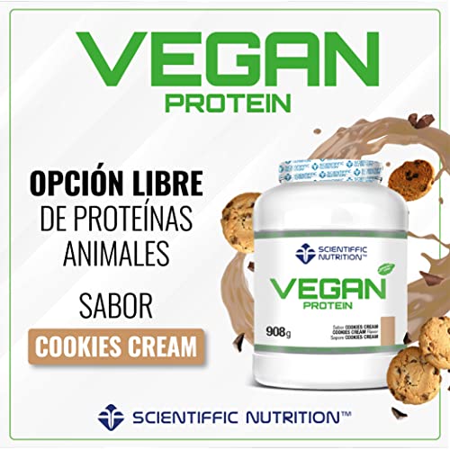 Scientiffic Nutrition - Vegan Protein, Proteína Vegana 100% Vegetal, Con Greens & Fruits, Sin Azúcares, Aumentar Masa Muscular, Apto para veganos y Vegetarianos - 908g, Sabor Cookies.