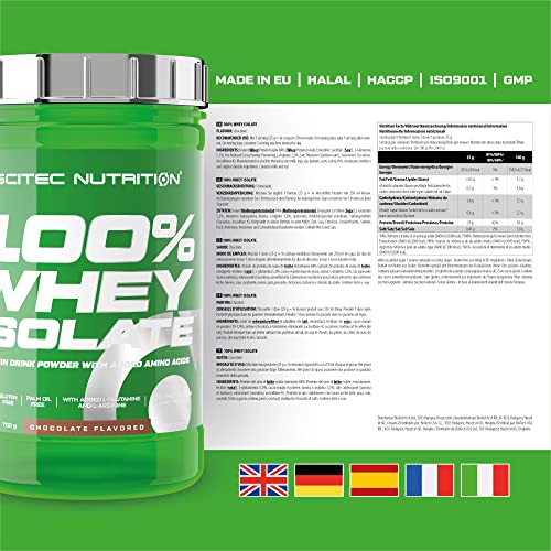 Scitec Nutrition 100% Whey Isolate, Polvo aislado de proteína de suero, l-glutamina, l-arginina con edulcorantes, sin azúcares, sin gluten, sin aceite de palma, 700 g, Chocolate