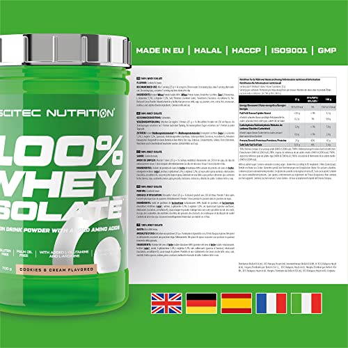 Scitec Nutrition 100% Whey Isolate, Polvo aislado de proteína de suero, l-glutamina, l-arginina con edulcorantes, sin azúcares, sin gluten, sin aceite de palma, 700 g, Cookies & Cream