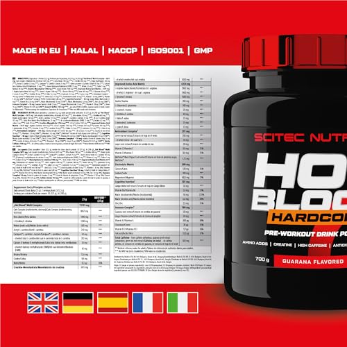 Scitec Nutrition Hot Blood Hardcore, Bebida en polvo de pre-entreno con aminoácidos y creatina, 700 g, Guaraná