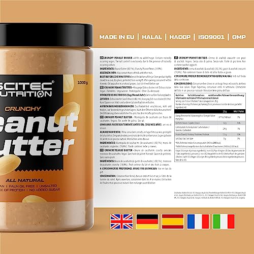 Scitec Nutrition Peanut Butter, Mantequilla de cacahuete con trozos de cacahuetes, vegano, fuente de proteína, sin azúcares añadidos, sin aceite de palma, 1 kg, Crujiente