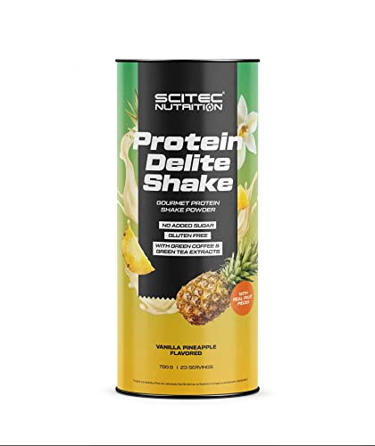 Scitec Nutrition Protein Delite Shake Producto alimenticio en polvo con trozos piña liofilizados, proteína, L-carnitina, extracto de café verde, 700 g, Vainilla-Piña