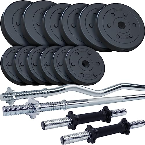 ScSPORTS® – Juego de pesas de plástico de 45 kg con 1 barra larga, 1 barra curl y 2 mancuernas con rosca, el set incluye 12 discos de peso