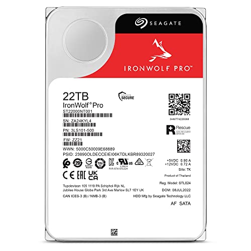 Seagate Technology Seagate IronWolf Pro ST22000NT001 - Disco duro interno para NAS (22 TB, 3,5", 7200 rpm, CMR, 256 MB de caché, SATA 6 GB/S) (Reacondicionado)