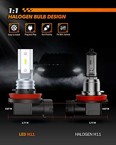 SEALIGHT Bombilla H11 H8 H9 H16 LED, 350% Brillo 6000K, Recambio Bombillas Halógenas Para Coches, Camiones, SUVs, Paquete de 2