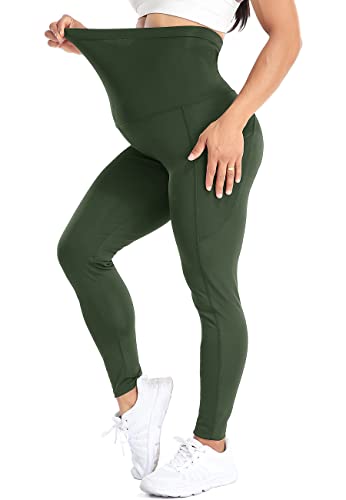 SEASUM Leggings Largos para Mujeres Embarazadas con Bolsillos en la Cintura para el Embarazo, la Maternidad y el Yoga, N7480-Verde S