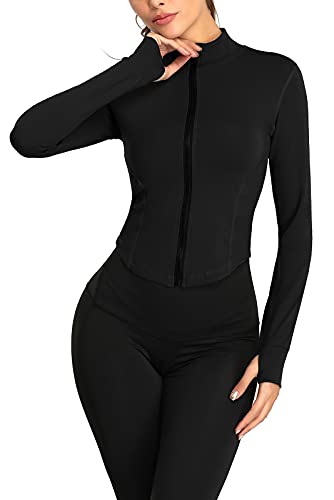 SEAUR Chaqueta de running para mujer, corte ajustado, chaqueta deportiva de verano, transpirable, de secado rápido, sudadera para fitness, yoga, tallas S, M, L, XL, 2XL, Negro , S