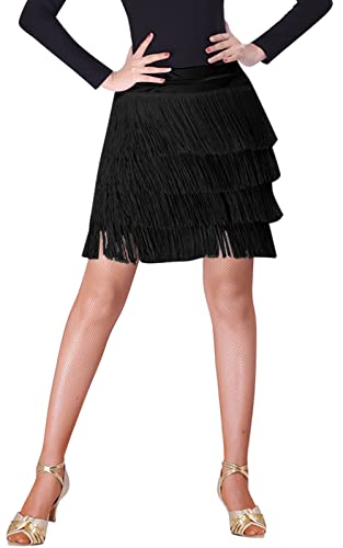 SEAUR Falda de baile latino tango danza del vientre, falda con flecos, falda rumba cha cha, samba, vestido de baile, B002-negro (con pantalones cortos, 4 capas de borlas), L