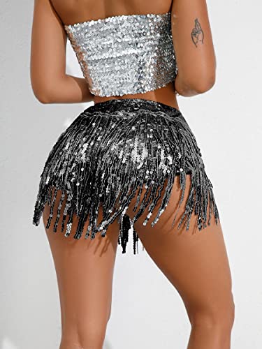 SEAUR Falda de baile para mujer con pantalones cortos, falda de danza latina del vientre con flecos falda lentejuelas pañuelo tango rumba cha cha samba baile vestido de baile, A002-negro falda con