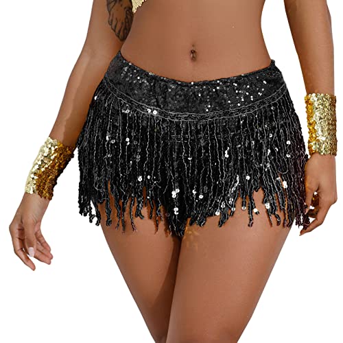 SEAUR Falda de baile para mujer con pantalones cortos, falda de danza latina del vientre con flecos falda lentejuelas pañuelo tango rumba cha cha samba baile vestido de baile, A002-negro falda con