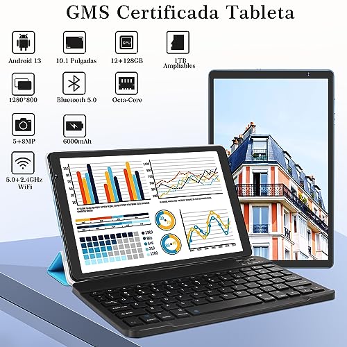 SEBBE Tablet 10 Pulgadas Android 13 Tablet PC 12GB RAM + 128GB ROM TF 1TB Octa-Core 2.0 GHz, Google GMS | Bluetooth 5.0 | 5G WiFi | 6000mAh | 1280 * 800 | 5MP+8MP, Tablet con Teclado y Raton Azul