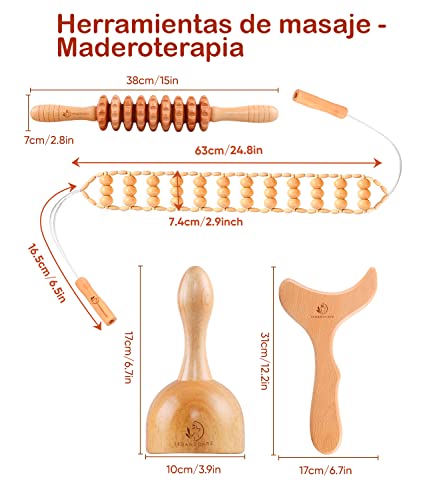 SEDANOCARE | Kit Maderoterapia 4 en 1, Masaje corporal, Madera, Drenaje linfático, Anticelulitis, Piel de naranja, Rodillo, Copa sueca, Tabla Moldeadora, Masajeador de Espalda, Piernas, Muscular