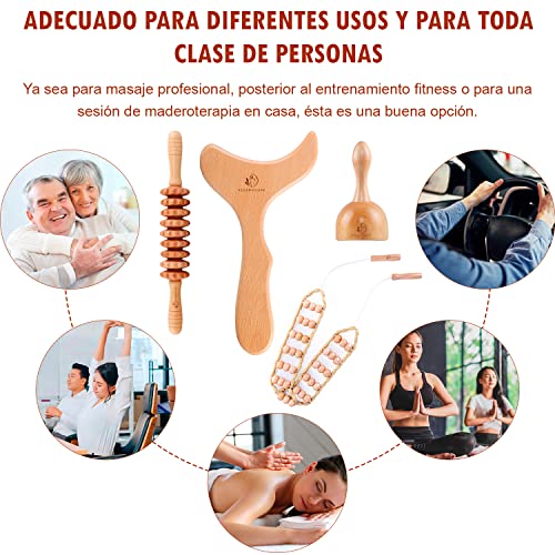 SEDANOCARE | Kit Maderoterapia 4 en 1, Masaje corporal, Madera, Drenaje linfático, Anticelulitis, Piel de naranja, Rodillo, Copa sueca, Tabla Moldeadora, Masajeador de Espalda, Piernas, Muscular