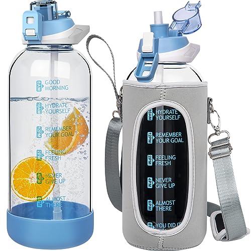 Seekua 2 litros grande Botella Agua Cristal 2l Botella Gimnasio Vidrio Deportiva con Pajita y Marca de Tiempo sin bpa