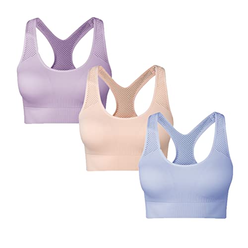 SEGRILA Sujetador Deportivo para Mujer, con Espalda Cruzada, Acolchado, para Yoga, con Correas de Malla, Rosa, Morado y Azul, S