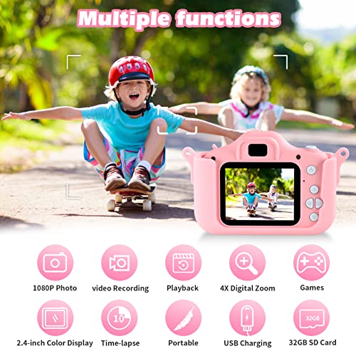 SeHeTop Camara Fotos Infantil, 1080P HD Video cámara Fotos niños,Juguetes niños 3 4 5 6 7 8 9 10 años,Juguetes con cámara para niños y niñas, Regalos de cumpleaños, scon Tarjeta SD de 32 GB (Rosa)