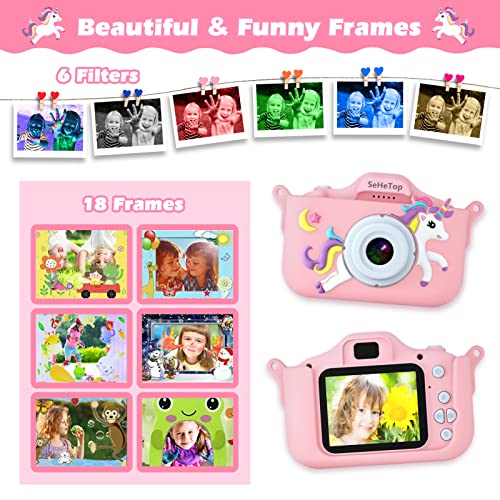 SeHeTop Camara Fotos Infantil, 1080P HD Video cámara Fotos niños,Juguetes niños 3 4 5 6 7 8 9 10 años,Juguetes con cámara para niños y niñas, Regalos de cumpleaños, scon Tarjeta SD de 32 GB (Rosa)