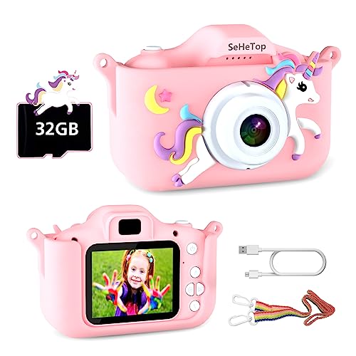 SeHeTop Camara Fotos Infantil, 1080P HD Video cámara Fotos niños,Juguetes niños 3 4 5 6 7 8 9 10 años,Juguetes con cámara para niños y niñas, Regalos de cumpleaños, scon Tarjeta SD de 32 GB (Rosa)