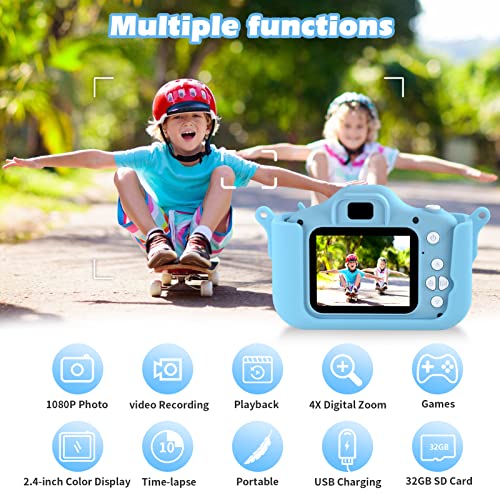 SeHeTop Camara Fotos Infantil, 1080P HD Video cámara Fotos niños,Juguetes niños 3 4 5 6 7 8 9 10 años,Juguetes con cámara para niños y niñas, Regalos de cumpleaños, scon Tarjeta SD de 32 GB (Azul)