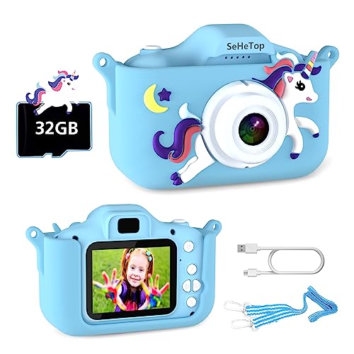 SeHeTop Camara Fotos Infantil, 1080P HD Video cámara Fotos niños,Juguetes niños 3 4 5 6 7 8 9 10 años,Juguetes con cámara para niños y niñas, Regalos de cumpleaños, scon Tarjeta SD de 32 GB (Azul)