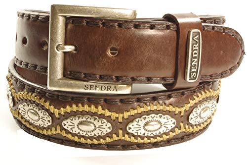 Sendra Boots Cinturón 7606 Marrón Cowboy Western Ibiza Bohemio Mujer Hombre 4 cm Ancho Jeans Cinturón Plata Conchos Hebilla Cambiable Hecho A Mano Cuero Genuino Talla 090