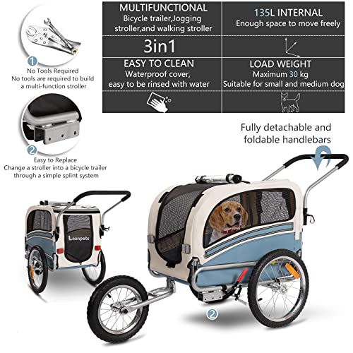 SEPNINE Remolque Bicicleta Perros Carro Cochecito para Transporte Mascota 2 En 1 Convertible En Carro para Correr con Barra Y Kit De Footing Azul