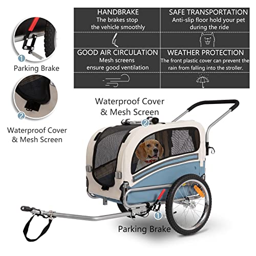 SEPNINE Remolque Bicicleta Perros Carro Cochecito para Transporte Mascota 2 En 1 Convertible En Carro para Correr con Barra Y Kit De Footing Azul