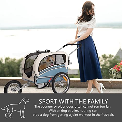 SEPNINE Remolque Bicicleta Perros Carro Cochecito para Transporte Mascota 2 En 1 Convertible En Carro para Correr con Barra Y Kit De Footing Azul