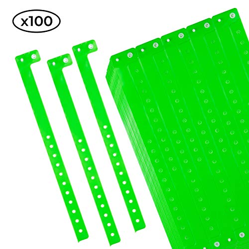 Set de 100 pulseras de plástico/vinilo para eventos, personalizables e impermeables (verde neón)