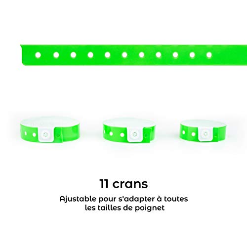 Set de 100 pulseras de plástico/vinilo para eventos, personalizables e impermeables (verde neón)