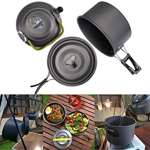 Set de Ollas Camping 2-3 Personas Kit de Utensilios de Cocina de Camping Aluminio Ollas y Sartenes para Acampar 10 PCS Cocina Portátil para Camping Senderismo Acampada al Aire Libre (Negro)