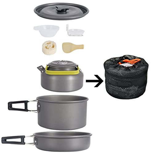 Set de Ollas Camping 2-3 Personas Kit de Utensilios de Cocina de Camping Aluminio Ollas y Sartenes para Acampar 10 PCS Cocina Portátil para Camping Senderismo Acampada al Aire Libre (Negro)