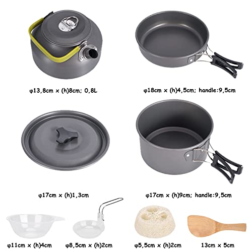 Set de Ollas Camping 2-3 Personas Kit de Utensilios de Cocina de Camping Aluminio Ollas y Sartenes para Acampar 10 PCS Cocina Portátil para Camping Senderismo Acampada al Aire Libre (Negro)