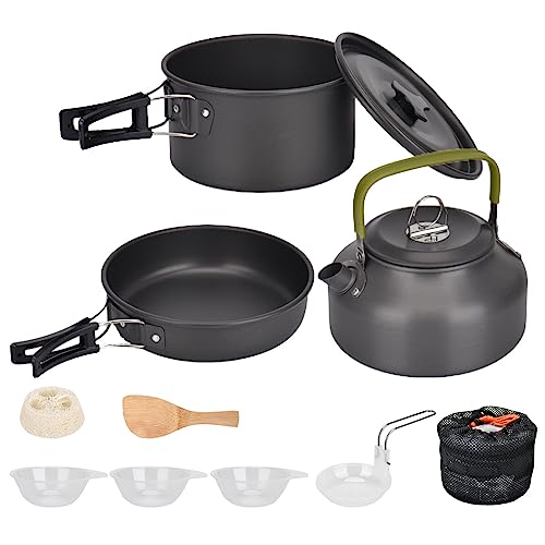 Set de Ollas Camping 2-3 Personas Kit de Utensilios de Cocina de Camping Aluminio Ollas y Sartenes para Acampar 10 PCS Cocina Portátil para Camping Senderismo Acampada al Aire Libre (Negro)