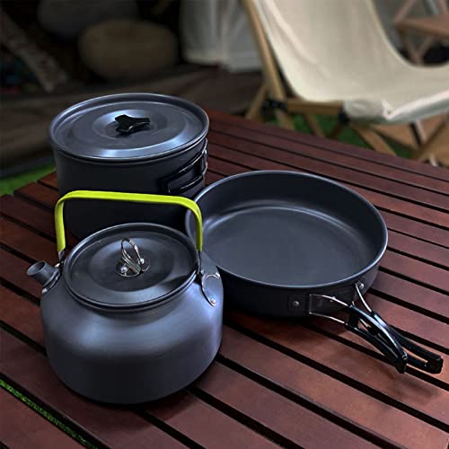 Set de Ollas Camping 2-3 Personas Kit de Utensilios de Cocina de Camping Aluminio Ollas y Sartenes para Acampar 10 PCS Cocina Portátil para Camping Senderismo Acampada al Aire Libre (Negro)