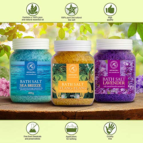 Set Sales de Baño 3x400g con Aceite 100% Natural Lavender - Ylang-Ylang - Sea Breeze - Mejor para Buen Sueño - Alivio del Estrés - Baño - Cuidado Corporal - Bienestar - Belleza - Relajación - Spa