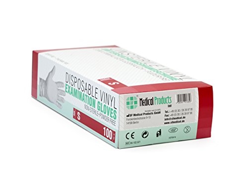 SF Medical Products GmbH Guantes de vinilo 100 pcs caja (S, Transparente), guantes de examen desechables, libres de látex y polvo, sanitarios para la limpieza de la cocina, no estéril