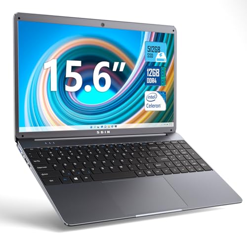 SGIN 15.6 Pulgadas Ordenador Portátil, 12GB DDR4 512GB SSD con Intel Celeron N5095,HD 1920 × 1080, 2.4/5.0G WiFi, USB 3.0, Bluetooth 4.2, Admite Memoria Extensible 512GB TF