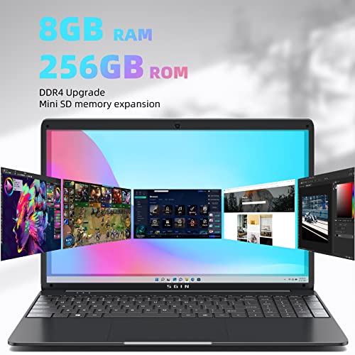 SGIN Ordenador Portátil 15,6 Pulgadas 8 GB RAM 256 GB SSD Notebook, Celeron Quad-Core Up to 2,8 GHz, 2.4/5.0G WiFi, Bluetooth 4.2, Admite Memoria Extensible 512 GB TF