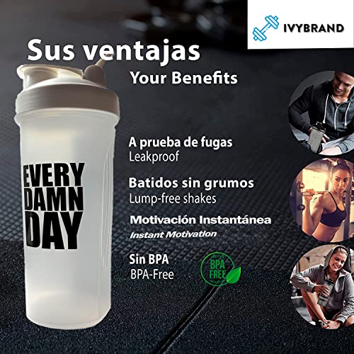 Shaker de Proteínas Ivybrand de 600ml con Bola Mezcladora y con Mensaje Motivador Every Damn Day