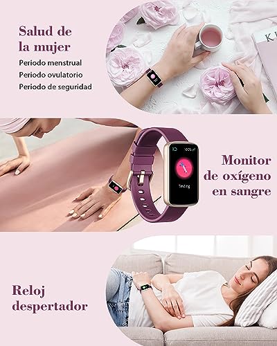 SHANG WING Reloj Inteligente Mujer,Pulsera Inteligente Mujer con Oxímetro, IP68 Impermeable,DIY Esfera Reloj, Monitor Sueño, Podómetro, Pulsómetro Smartwatch Mujer para Android iOS Morada